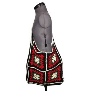 Vtg 70s Crochet Granny Square Shoulder Bag Boho Hippie Tote